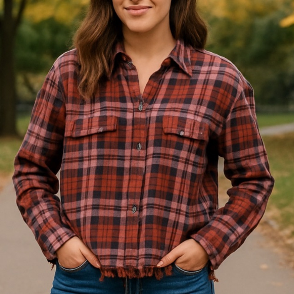 Pilcro Cropped Plaid Flannel Raw Hems Size‎ /XS High-Low Oversized
